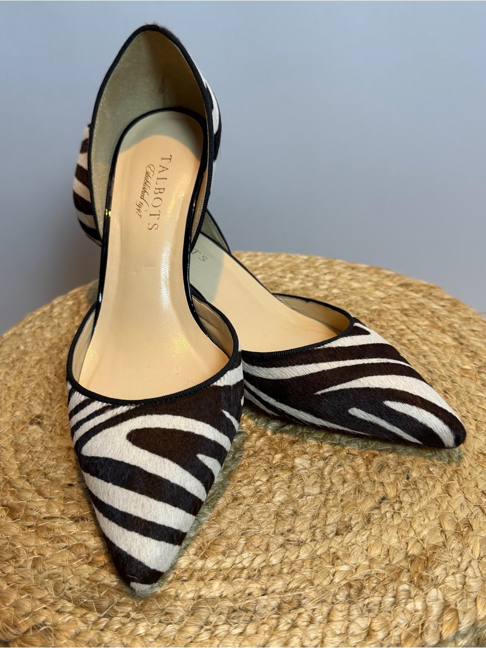 Talbots Brown and White Zebra Print Pointed D'Orsay Heels